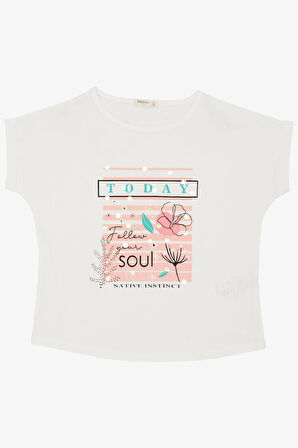 Breeze Kız Çocuk Tişört Çiçek & Yazı Baskılı Pullu 9-14 Yaş, Ekru