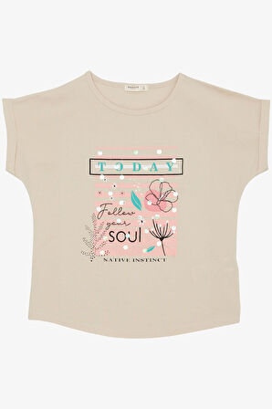 Breeze Kız Çocuk Tişört Çiçek & Yazı Baskılı Pullu 9-14 Yaş, Bej