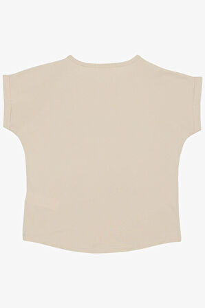 Breeze Kız Çocuk Tişört Çiçek & Yazı Baskılı Pullu 9-14 Yaş, Bej