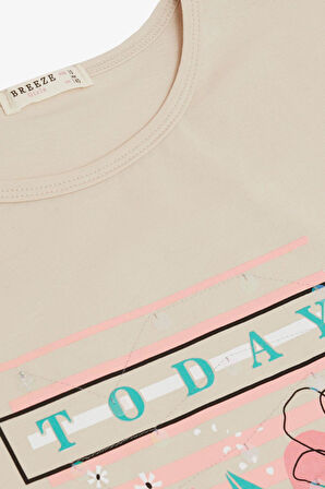 Breeze Kız Çocuk Tişört Çiçek & Yazı Baskılı Pullu 9-14 Yaş, Bej