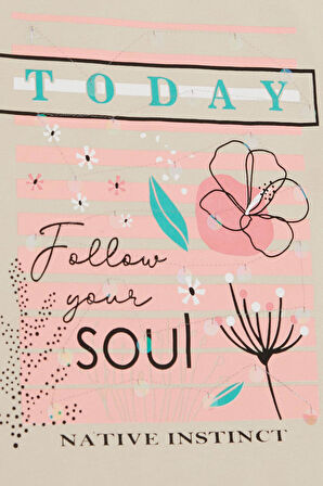 Breeze Kız Çocuk Tişört Çiçek & Yazı Baskılı Pullu 9-14 Yaş, Bej