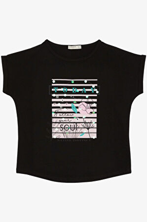 Breeze Kız Çocuk Tişört Çiçek & Yazı Baskılı Pullu 9-14 Yaş, Siyah