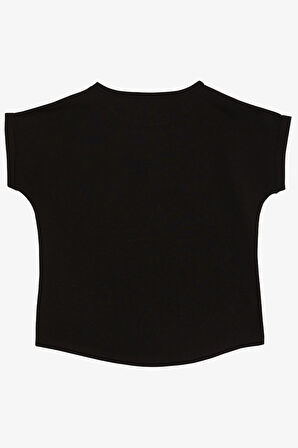 Breeze Kız Çocuk Tişört Çiçek & Yazı Baskılı Pullu 9-14 Yaş, Siyah