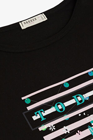 Breeze Kız Çocuk Tişört Çiçek & Yazı Baskılı Pullu 9-14 Yaş, Siyah