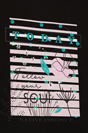 Breeze Kız Çocuk Tişört Çiçek & Yazı Baskılı Pullu 9-14 Yaş, Siyah