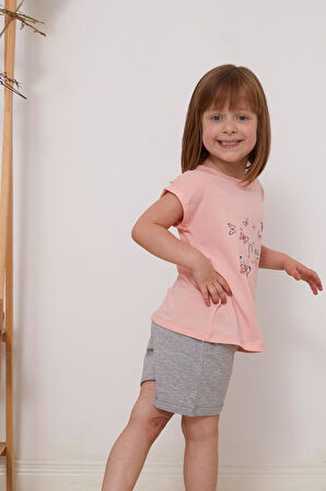 Breeze Kız Çocuk Şortlu Takım Kelebek Baskılı 3-8 Yaş, Somon