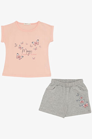 Breeze Kız Çocuk Şortlu Takım Kelebek Baskılı 3-8 Yaş, Somon
