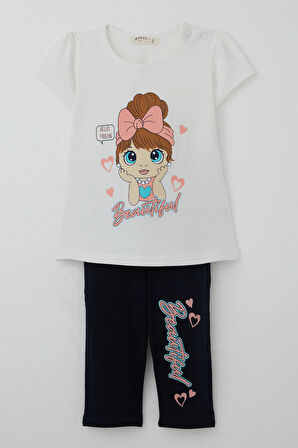 Breeze Kız Çocuk Kapri Tayt Takım Güzel Kız Baskılı 1.5-5 Yaş, Ekru