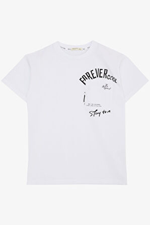 Breeze Erkek Çocuk Tişört Yazı Bakılı Cepli 9-14 Yaş, Beyaz