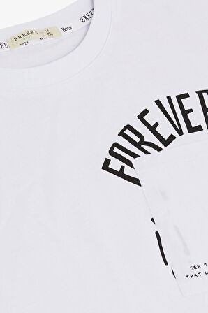 Breeze Erkek Çocuk Tişört Yazı Bakılı Cepli 9-14 Yaş, Beyaz