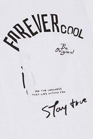 Breeze Erkek Çocuk Tişört Yazı Bakılı Cepli 9-14 Yaş, Beyaz