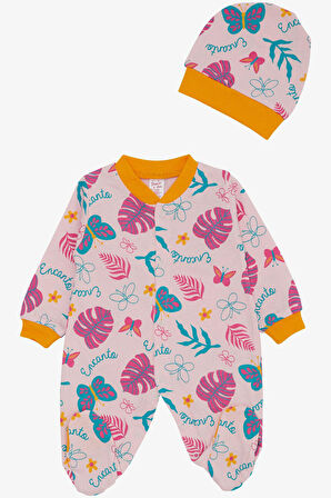 Breeze Kız Bebek Patikli Tulum Renkli Çiçek & Kelebek Desenli 0-6 Ay, Pembe