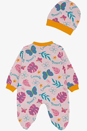 Breeze Kız Bebek Patikli Tulum Renkli Çiçek & Kelebek Desenli 0-6 Ay, Pembe