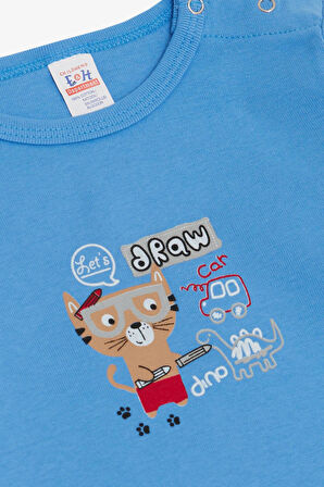 Breeze Erkek Bebek Çıtçıtlı Zıbın Body Ressam Kedicik Baskılı 9 Ay-3 Yaş, Mavi