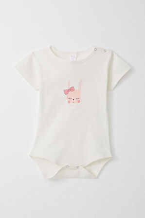 Breeze Kız Bebek Çıtçıtlı Zıbın Body Sevimli Tavşancık Baskılı 9 Ay-3 Yaş, Ekru