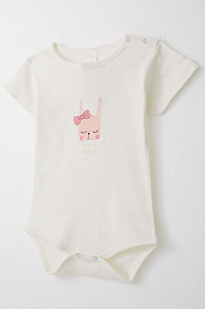 Breeze Kız Bebek Çıtçıtlı Zıbın Body Sevimli Tavşancık Baskılı 9 Ay-3 Yaş, Ekru