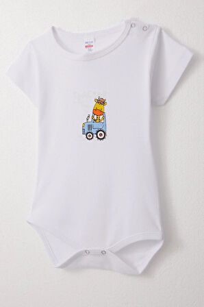 Breeze Erkek Bebek Çıtçıtlı Zıbın Body Sevimli Şöför Zürafa Baskılı 9 Ay-3 Yaş, Beyaz