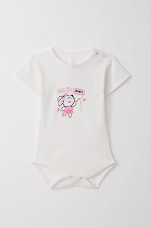Breeze Kız Bebek Çıtçıtlı Zıbın Body Mutlu Tavşancık Baskılı Çiçekli 9 Ay-3 Yaş, Beyaz