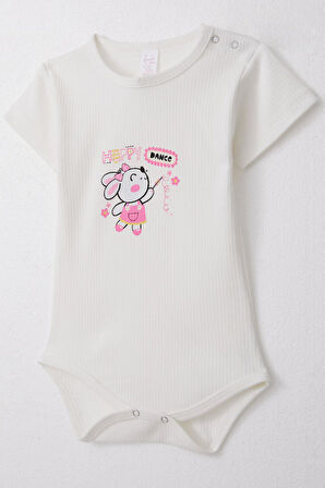 Breeze Kız Bebek Çıtçıtlı Zıbın Body Mutlu Tavşancık Baskılı Çiçekli 9 Ay-3 Yaş, Beyaz