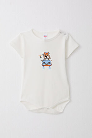 Breeze Erkek Bebek Çıtçıtlı Zıbın Body Neşeli Şöför Ayıcık 9 Ay-3 Yaş, Ekru