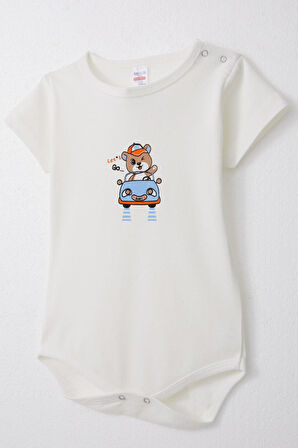 Breeze Erkek Bebek Çıtçıtlı Zıbın Body Neşeli Şöför Ayıcık 9 Ay-3 Yaş, Ekru