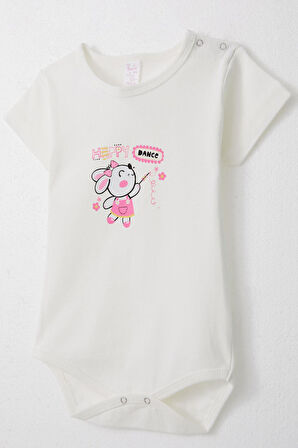 Breeze Kız Bebek Çıtçıtlı Zıbın Body Mutlu Tavşancık Baskılı Çiçekli 9 Ay-3 Yaş, Ekru