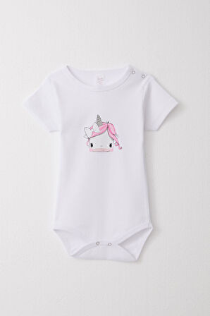 Breeze Kız Bebek Çıtçıtlı Zıbın Body Unıcorn Baskılı 9 Ay-3 Yaş, Beyaz