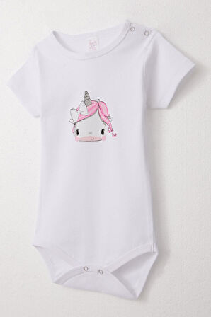 Breeze Kız Bebek Çıtçıtlı Zıbın Body Unıcorn Baskılı 9 Ay-3 Yaş, Beyaz