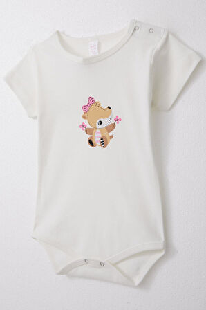 Breeze Kız Bebek Çıtçıtlı Zıbın Body Sevimli Ceylancık Baskılı Çiçekli 9 Ay-3 Yaş, Ekru
