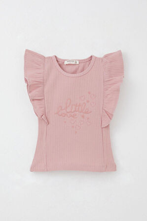 Breeze Kız Çocuk Taytlı Pantolon Yazı Nakışlı Paçası Yırtmaçlı 2-6 Yaş, Gülkurusu