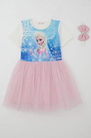 Babely Kız Çocuk Elbise Karlar Kraliçesi Elsa Baskılı 5-10 Yaş, Mavi