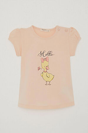 Breeze Kız Çocuk Tişört Süslü Fiyonklu Ördek Baskılı 1-4 Yaş, Pudra
