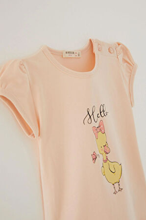 Breeze Kız Çocuk Tişört Süslü Fiyonklu Ördek Baskılı 1-4 Yaş, Pudra