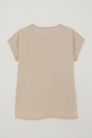 Breeze Kız Çocuk Tişört Kelebek & Çiçek Baskılı 10-16 Yaş, Bej