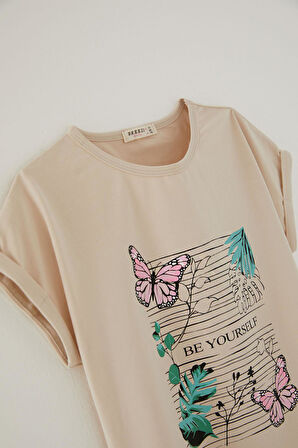 Breeze Kız Çocuk Tişört Kelebek & Çiçek Baskılı 10-16 Yaş, Bej