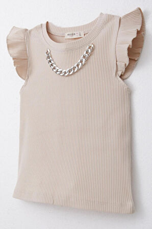 Breeze Kız Çocuk Tişört Kemer Boy Yakası Zincir Aksesuarlı 9-14 Yaş, Bej