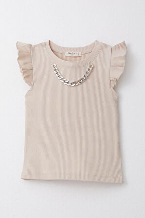 Breeze Kız Çocuk Tişört Kemer Boy Yakası Zincir Aksesuarlı 9-14 Yaş, Bej