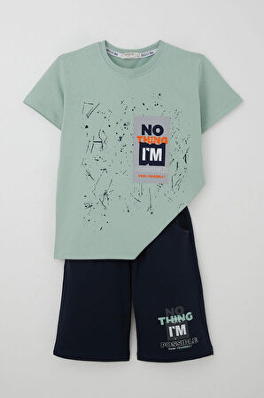 Breeze Erkek Çocuk Şortlu Takım Püskürtme Boya Desenli Yazı Baskılı 5-10 Yaş, Mint Yeşili