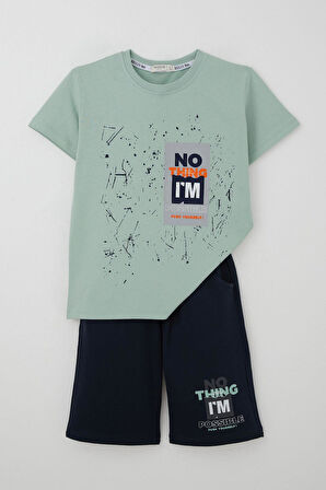 Breeze Erkek Çocuk Şortlu Takım Püskürtme Boya Desenli Yazı Baskılı 5-10 Yaş, Mint Yeşili