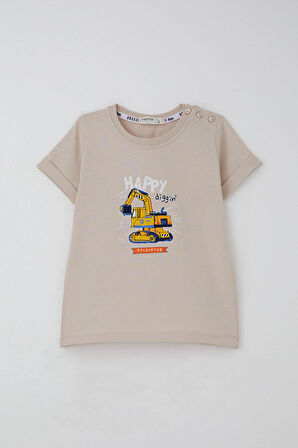 Breeze Erkek Çocuk Şortlu Takım İş Makinası Baskılı 1-4 Yaş, Bej