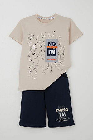Breeze Erkek Çocuk Şortlu Takım Püskürtme Boya Desenli Yazı Baskılı 5-10 Yaş, Bej