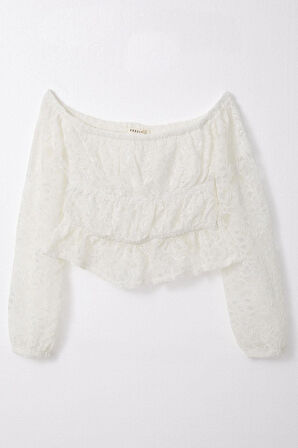 Breeze Kız Çocuk Uzun Kollu Dantelli Crop Bluz 9-14 Yaş, Ekru