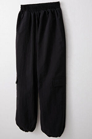 Breeze Kız Çocuk Paraşüt Jogger Paça Pantolon Kargo Cep 7-12 Yaş, Siyah