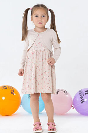 Breeze Kız Çocuk Uzun Kollu Elbise Çiçekli Fiyonklu 3-8 Yaş, Bej