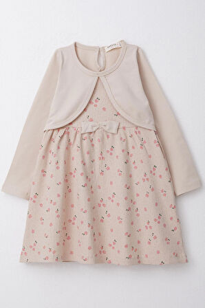 Breeze Kız Çocuk Uzun Kollu Elbise Çiçekli Fiyonklu 3-8 Yaş, Bej