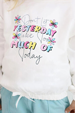 Breeze Kız Çocuk Sweatshirt Renkli Yazı Baskılı Beli Lastikli 3-7 Yaş, Ekru