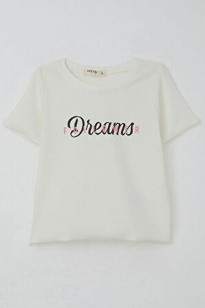 Breeze Kız Çocuk Tişört Yazı Baskılı 8-14 Yaş, Ekru