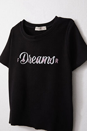 Breeze Kız Çocuk Tişört Yazı Baskılı 8-14 Yaş, Siyah