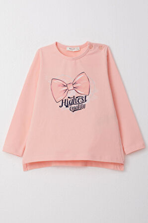 Breeze Kız Çocuk Uzun Kollu Tişört Fiyonk Baskılı 2-6 Yaş, Somon