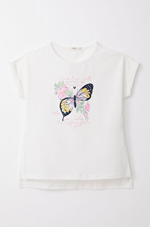 Breeze Kız Çocuk Tişört Kelebek Baskılı 10-16 Yaş, Ekru